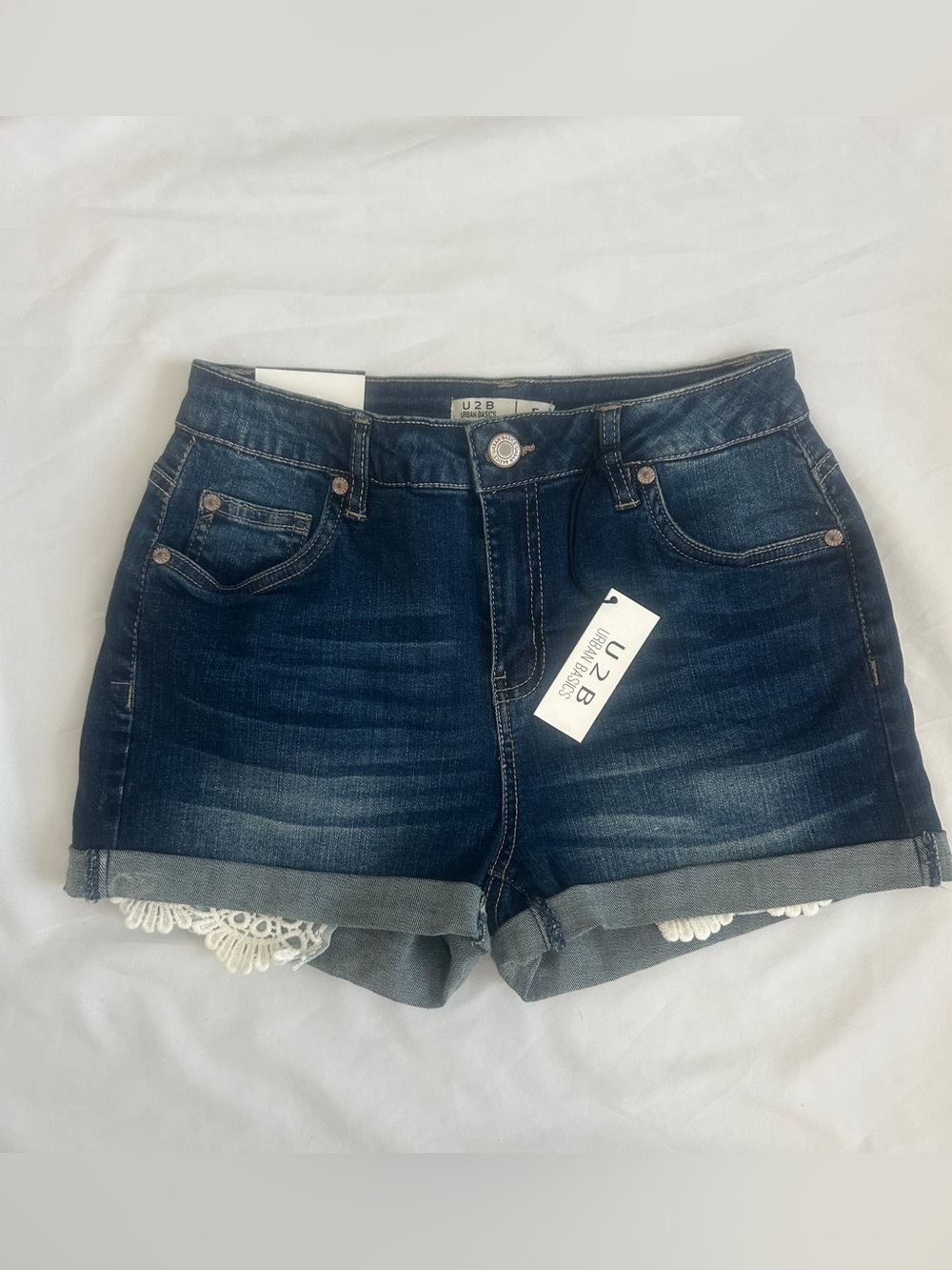 U2B Dark Blue Denim Shorts with Crochet Lace Trim